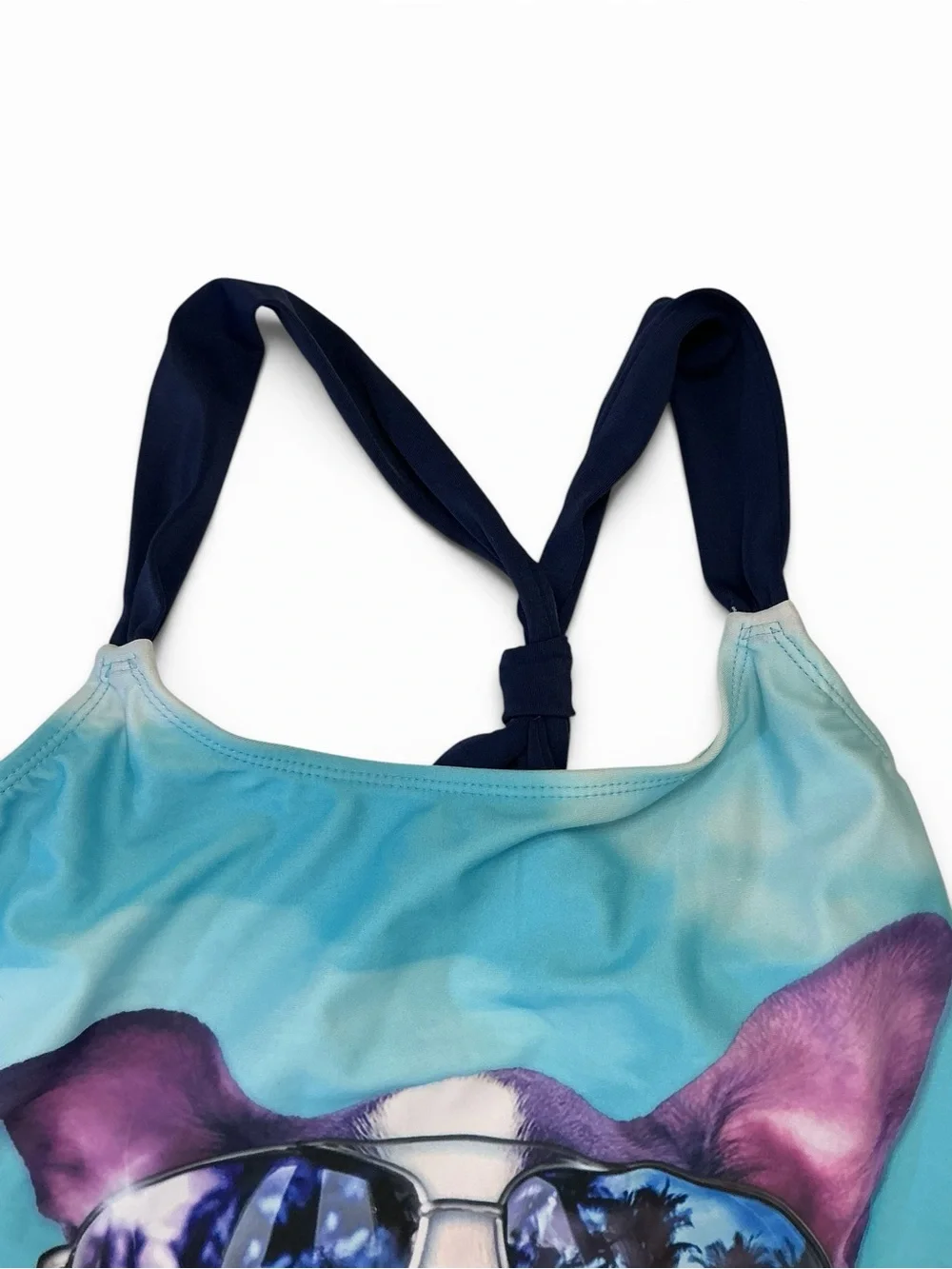 Justice Store Girls Turquoise Dog Graphic One-Piece Swimsuit with Navy Straps